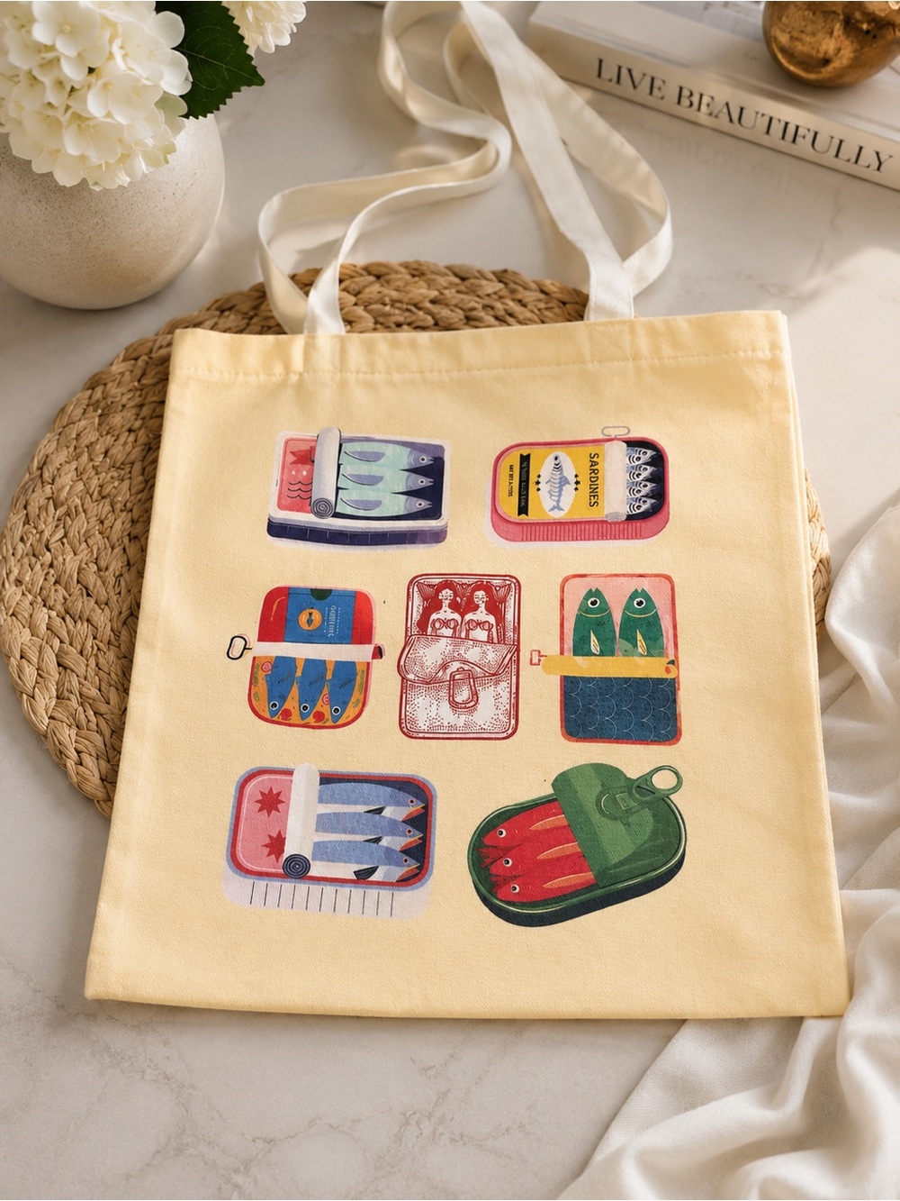 Yellow Canvas Tote with Colorful Sardine Tin Print